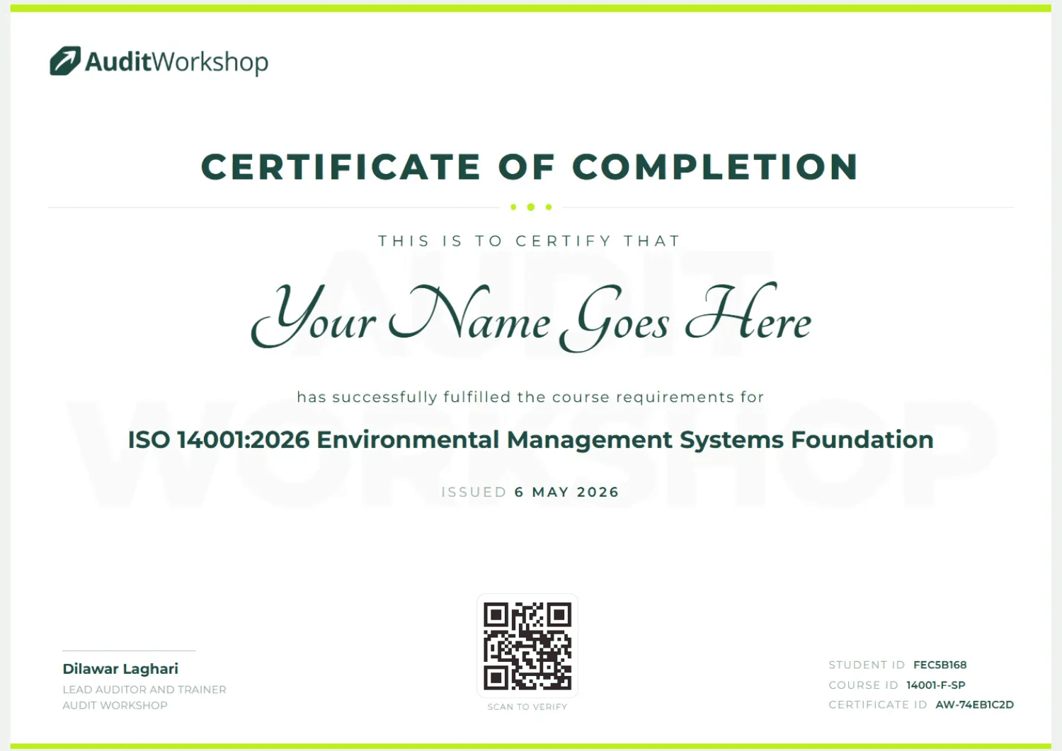 Sample Certificate of Completion — Audit Workshop