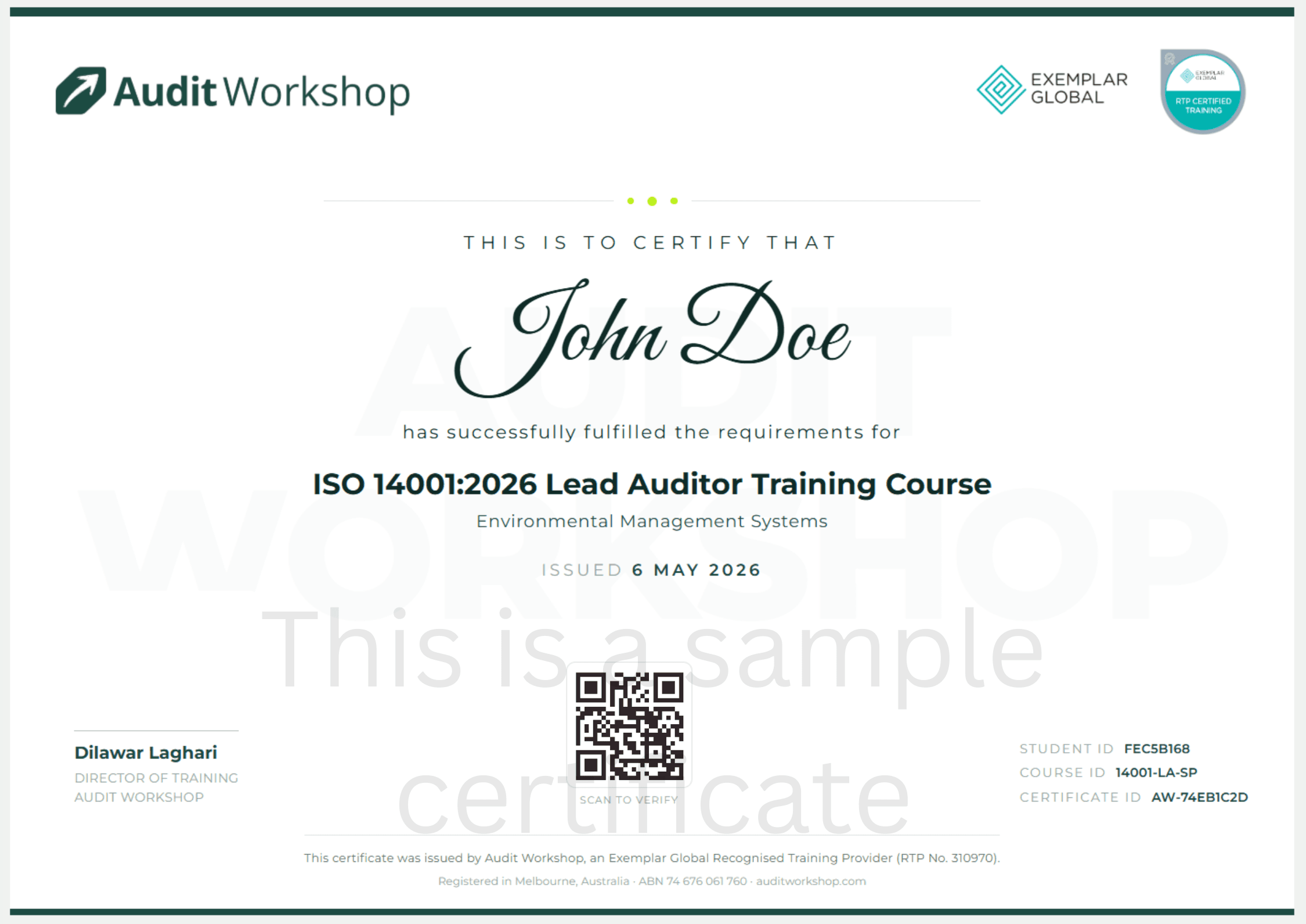 Sample Audit Workshop certificate